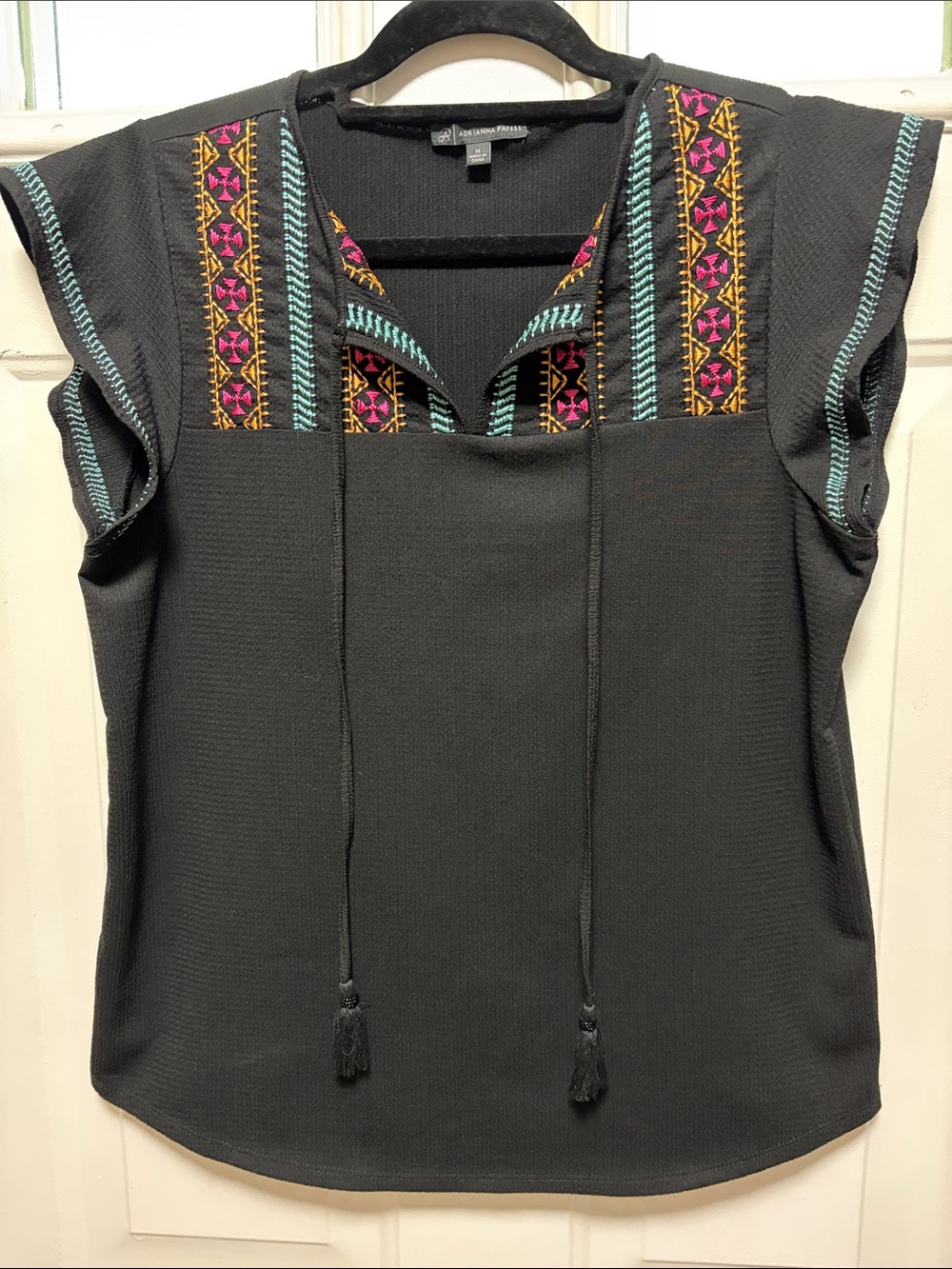 Adrianna Papell Black Embroidered Split-Neck Top with Tassels